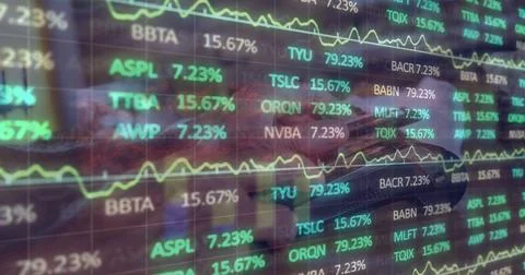 Image of financial data processing over caucasian man paying with smartphone Stock Photos