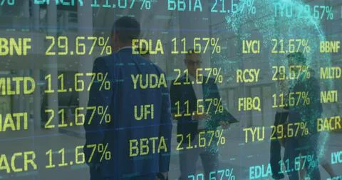 Image of financial data processing over business people working in office Stock Photos
