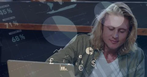 Image of financial data processing over caucasian man using laptop in coffee Stock Photos