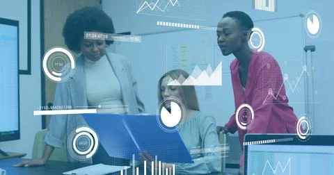 Image of financial data processing over diverse business people working at Stock Photos