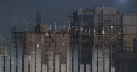 Image of financial data processing over cityscape Stock Photos
