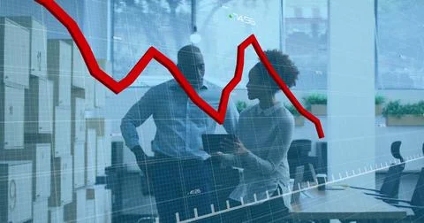 Image of financial data processing over diverse business people working at Stock Photos