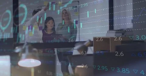 Image of financial data processing over diverse business people Stock Photos