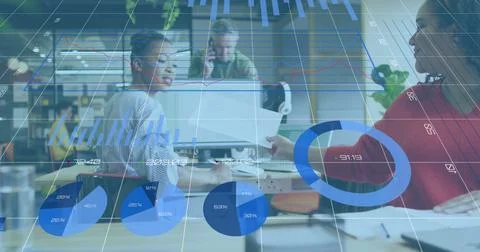 Image of financial data processing over diverse business people working at Stock Photos