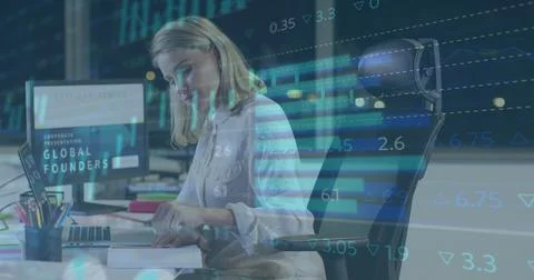 Image of financial data processing over caucasian businesswoman using computer Stock Photos