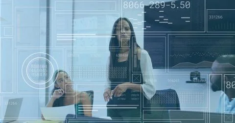 Image of financial data processing over diverse business people Stock Photos
