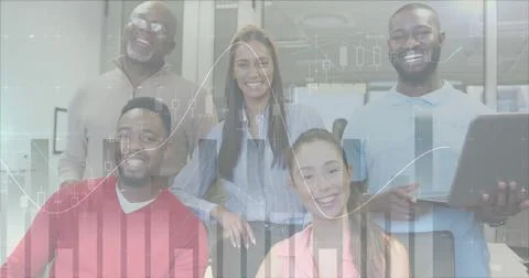 Image of financial data processing over diverse business people working at Stock Photos