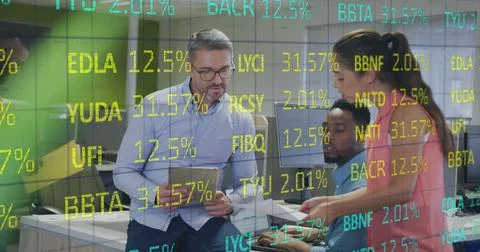 Image of financial data processing over diverse business people having meeting Stock Photos