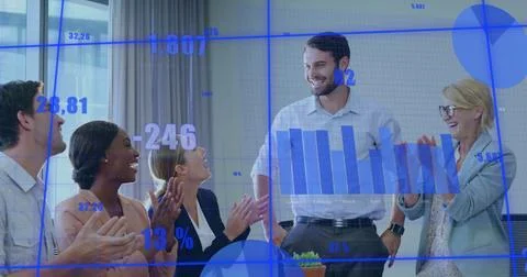 Image of financial data processing over diverse business people in office Stock Photos
