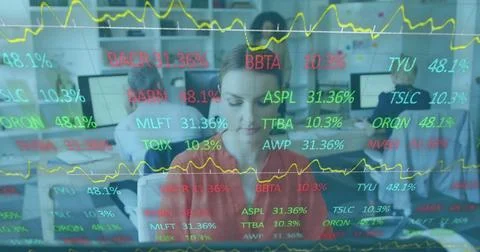 Image of financial data processing over caucasian businesswoman in office Stock Photos