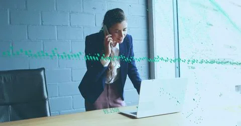 Image of financial data processing over caucasian businesswoman Stock Photos