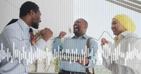 Image of financial data processing over diverse business people in office Stock Photos