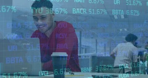 Image of financial data processing over businessman using laptop in office Stock Photos