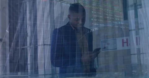 Image of financial data processing over african american businessmen Stock Photos