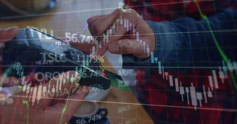 Image of financial data processing over mid section of person using credit card Stock Photos
