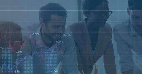 Image of financial data processing over diverse business people Stock Photos
