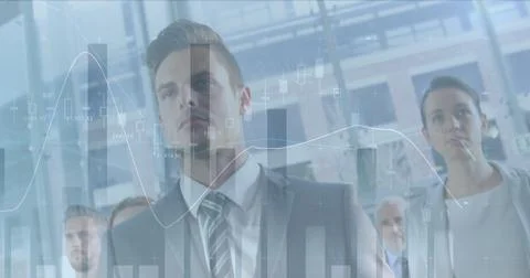 Image of financial data processing over group of diverse business people Stock Photos