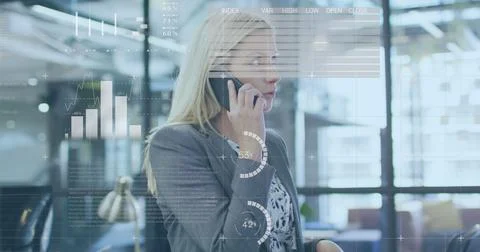 Image of financial data processing over caucasian woman talking on smartphone Stock Photos