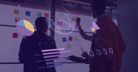 Image of financial data processing over diverse business people Stock Photos