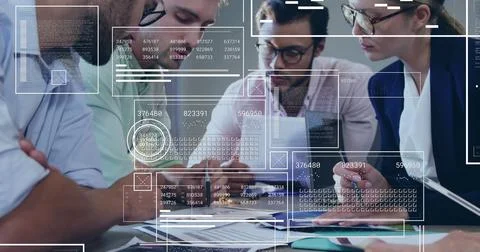 Image of financial data processing over diverse business people in office Stock Photos