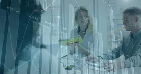 Image of financial data processing over diverse business people having meeting Stock Photos