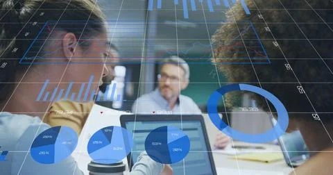 Image of financial data processing over diverse business people having meeting Stock Photos