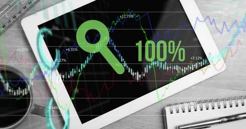 Image of financial data processing with percent growing over desk with tablet Stockfoto's