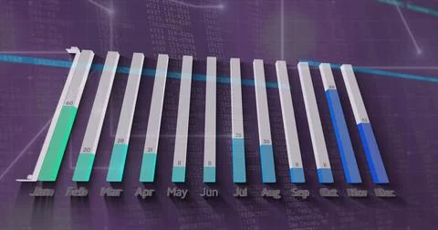 Image of financial data processing on purple background 스톡 일러스트