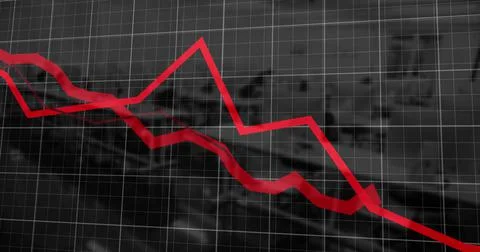 Image of financial data processing with red lines over empty classroom Illustrazione stock