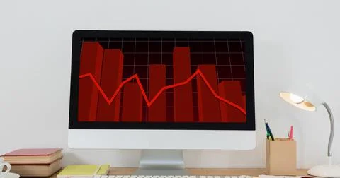 Image of financial data processing with red line over computer screen on desk 스톡 일러스트