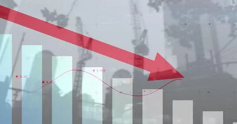 Image of financial data processing with red arrow descending over construction Ilustración de archivo