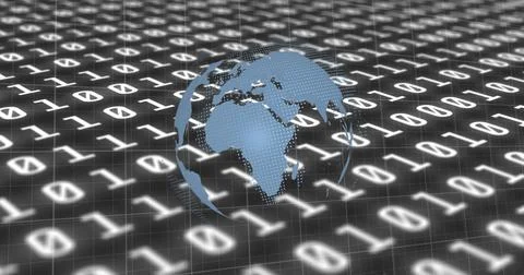 Image of financial data processing with red lines and globe spinning over binary Illustrazione stock