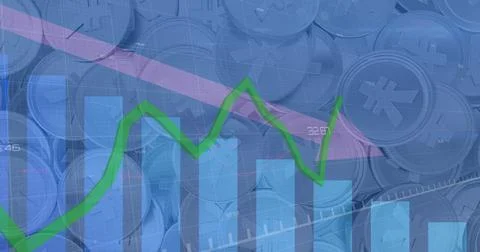 Image of financial data processing with red arrow descending over japanese yen Ilustración de archivo