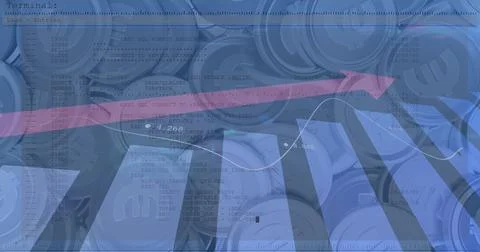 Image of financial data processing with red arrow ascending over euro currency Ilustración de archivo