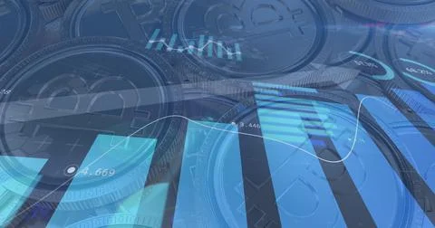 Image of financial data processing with red arrow descending over bitcoins Ilustración de archivo