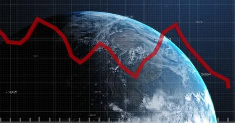 Image of financial data processing with red line over globe Illustrazione stock