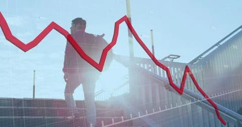 Image of financial data processing with red line over asian businessman walking Stock Illustration
