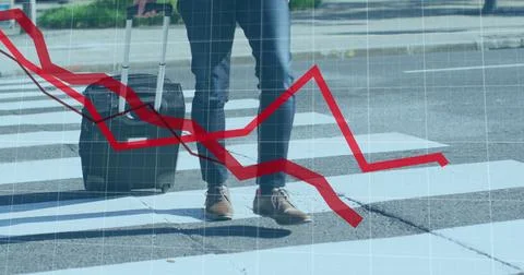 Image of financial data processing with red lines over businessman crossing road 스톡 일러스트