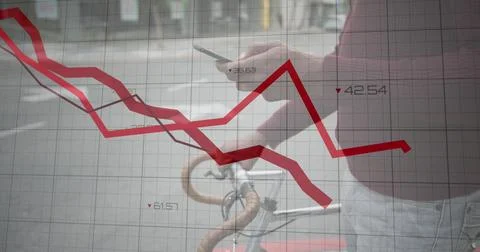 Image of financial data processing with red lines over african american man Stock Illustration