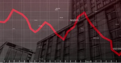 Image of financial data processing with red line recording over modern office 스톡 사진
