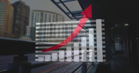 Image of financial data processing with red arrow over train platform Foto stock