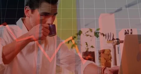 Image of financial data processing with red line, statistics over caucasian man Stock Photos