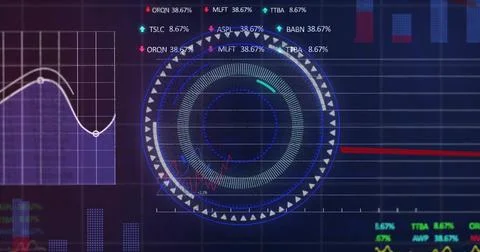 Image of financial data processing with scope scanning on black background Illustrazione stock