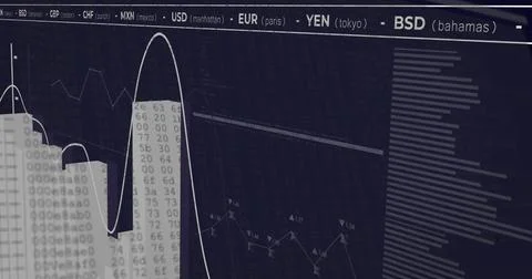 Image of financial data processing with scope scanning on black background Illustrazione stock