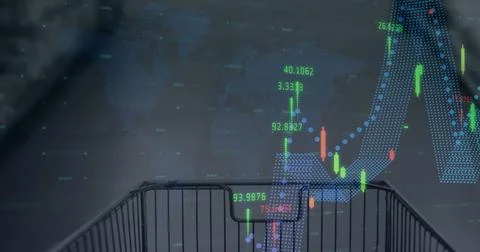 Image of financial data processing with shopping trolley 스톡 일러스트