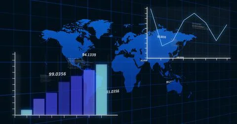Image of financial data processing with statistics over world map Ilustração Stock