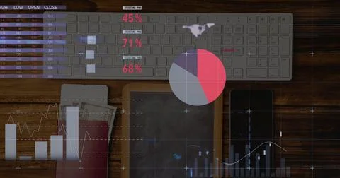Image of financial data processing with statistics over desk computer keyboard 库存插图