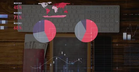Image of financial data processing with statistics over desk computer keyboard 库存插图