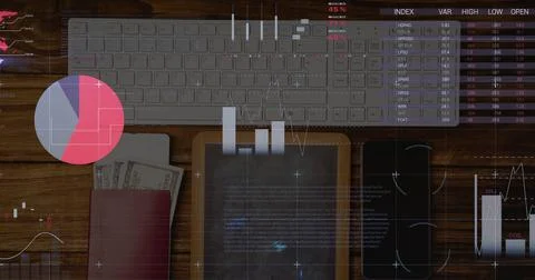 Image of financial data processing with statistics over desk computer keyboard Stock Illustration