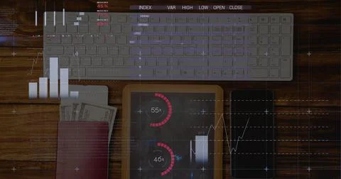 Image of financial data processing with statistics over desk computer keyboard Stock Illustration